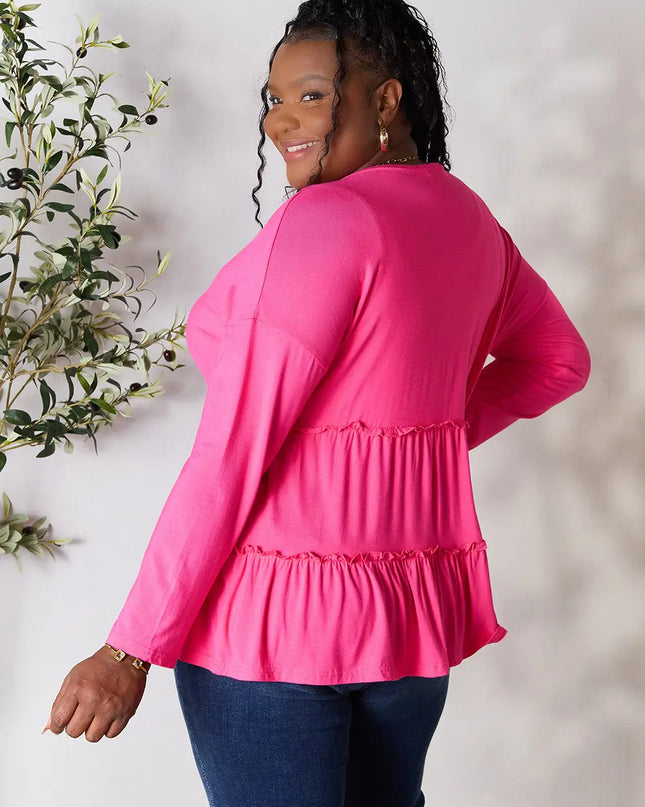 Double Take Half Button Long Sleeve Ruffle Hem Blouse - Sleekdenim.com