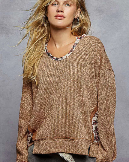 POL Balloon Sleeve Oversized Ribbed Top with Floral Pattern Contrast - Sleekdenim.com