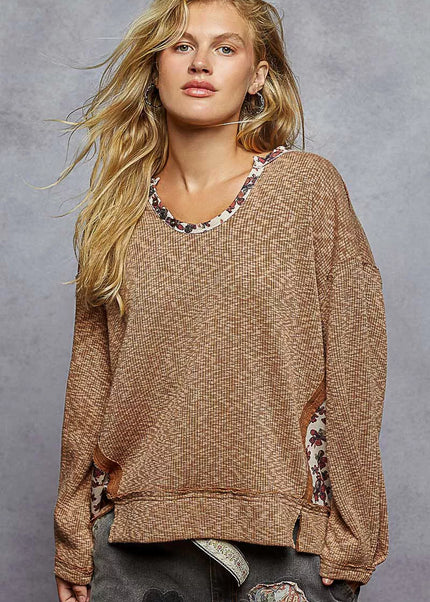 POL Balloon Sleeve Oversized Ribbed Top with Floral Pattern Contrast - Sleekdenim.com