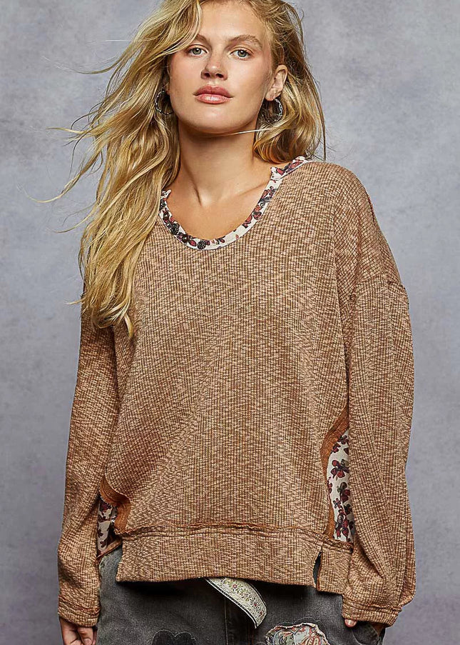 POL Balloon Sleeve Oversized Ribbed Top with Floral Pattern Contrast - Sleekdenim.com