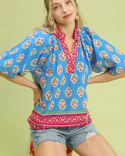 Umgee Boho Border Print Peasant Top - Sleekdenim.com