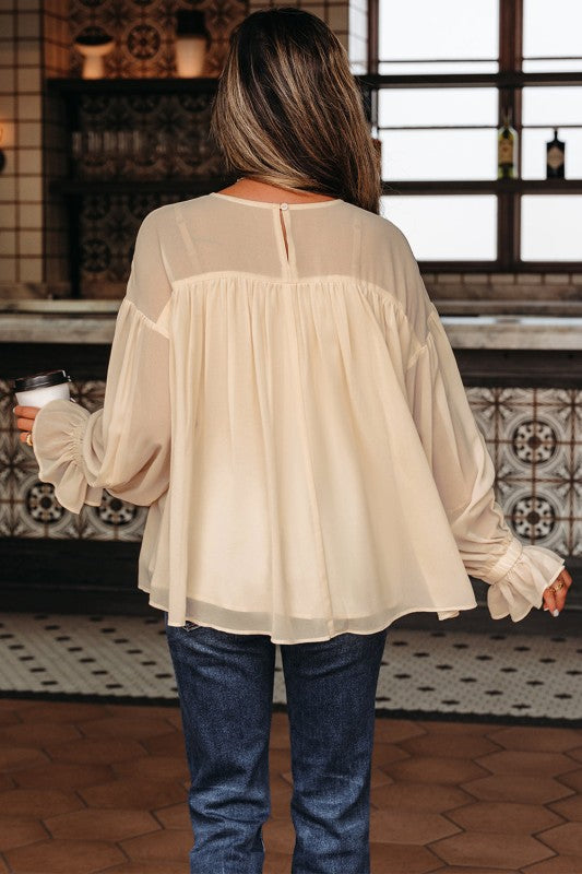 Solid Chiffon Pleated Ruffle Long Sleeve Blouse - Sleekdenim.com