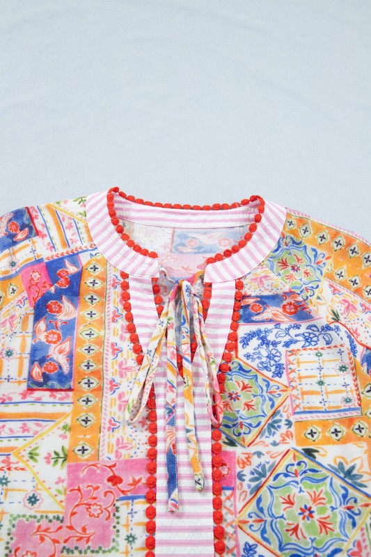 Boho Patchwork Tied V-Neck Short Sleeve Blouse - 3