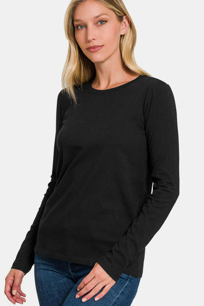 Zenana Full Size Solid Color Round Neck Long Sleeve T-Shirt Black