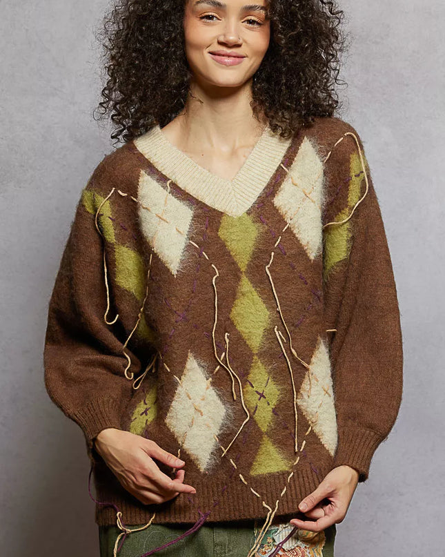 POL V-Neck Argyle Pattern Mohair Sweater with Contrast Exposed Stitch Detail - Sleekdenim.com