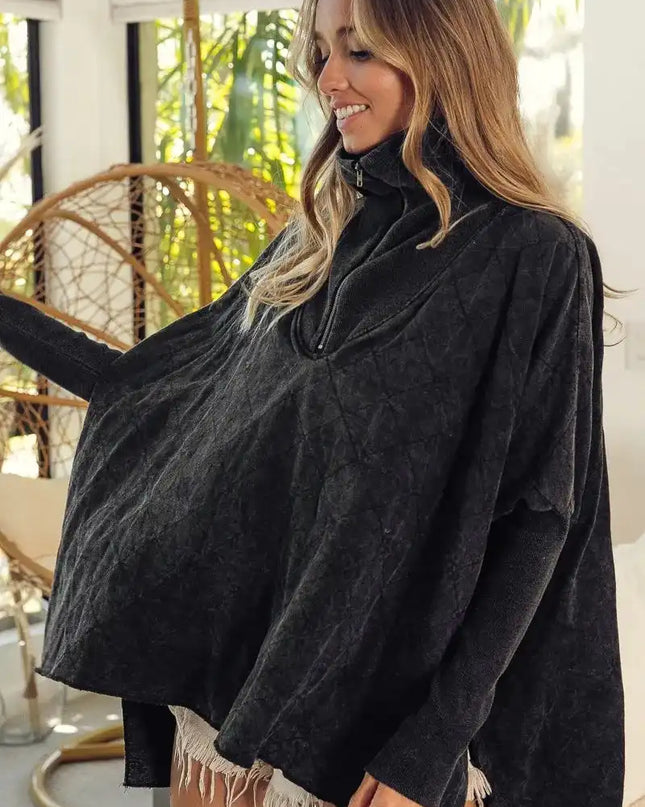 BiBi Vintage Washed Quilted Half Zip Top - Sleekdenim.com