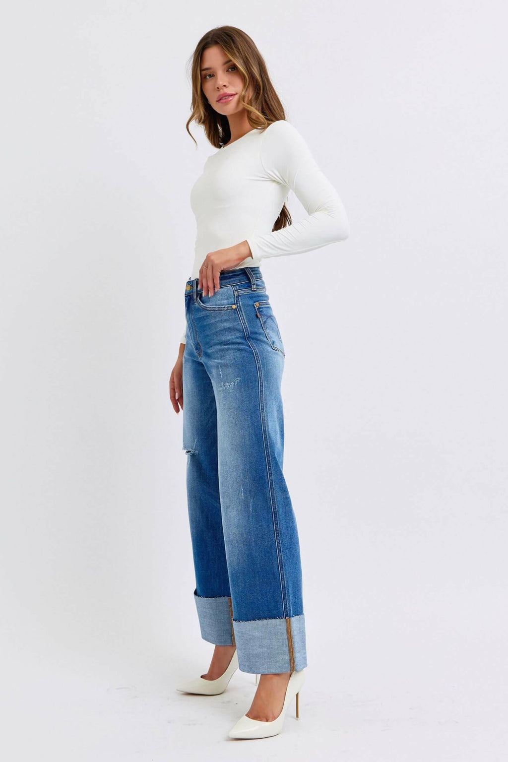 Judy Blue Full Size Distressed High Waist Wide Leg Jeans | Sleek Denim Boutique | Sleekdenim.com