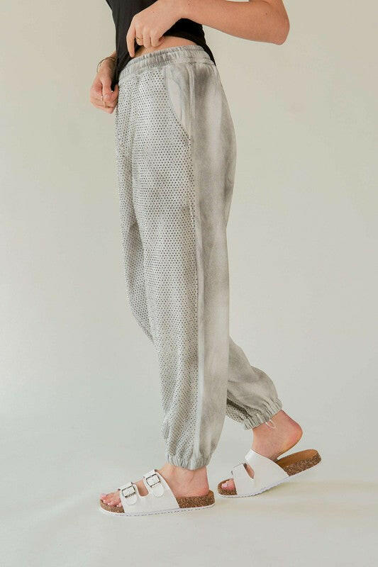 Davi & Dani Rhinestone Elastic Waist Joggers Light Gray