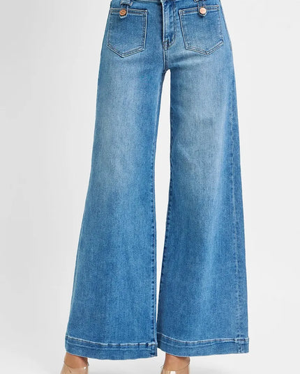 RISEN Full Size Mid Rise Wide Front Patch Pocket Jeans Plus Size - Sleekdenim.com