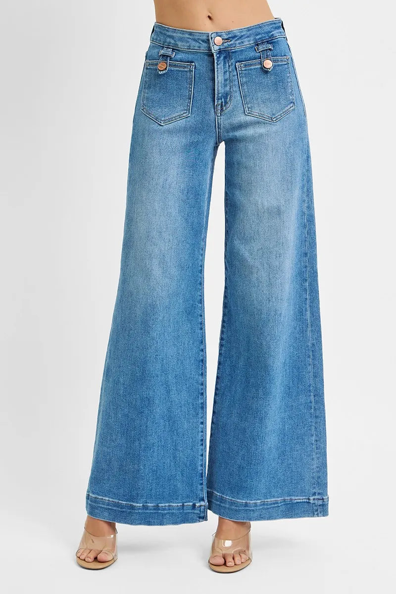 RISEN Full Size Mid Rise Wide Front Patch Pocket Jeans Plus Size - Sleekdenim.com
