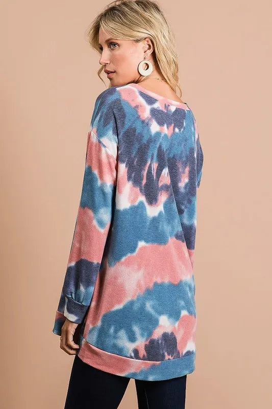 BiBi Tie Dye French Terry Pull Over with Front Stitching Detail - Sleekdenim.com