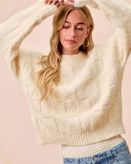 BiBi Checker Board Drop Shoulder Sweater - Sleekdenim.com