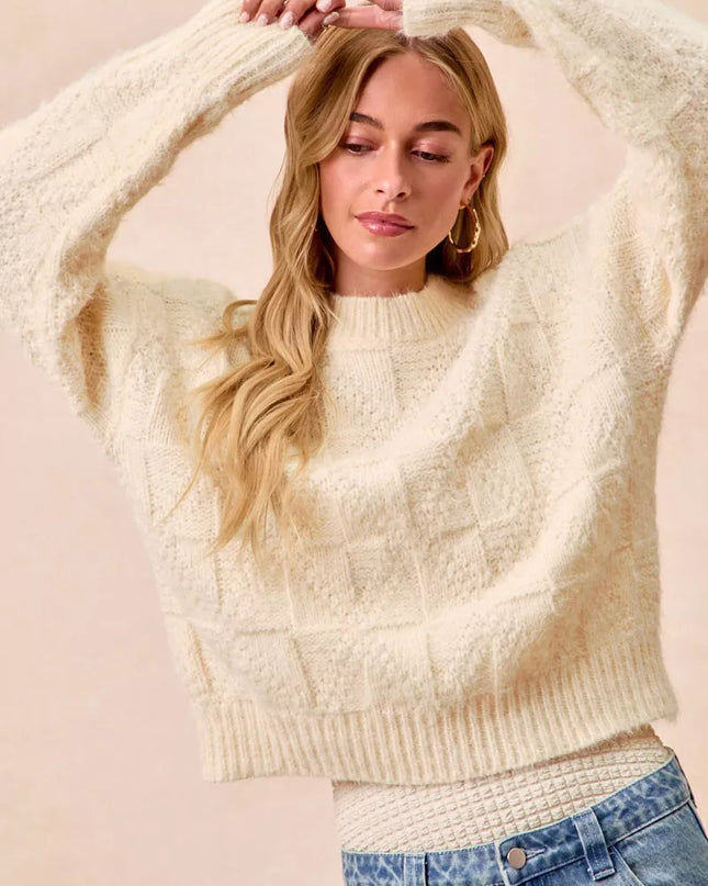 BiBi Checker Board Drop Shoulder Sweater - Sleekdenim.com