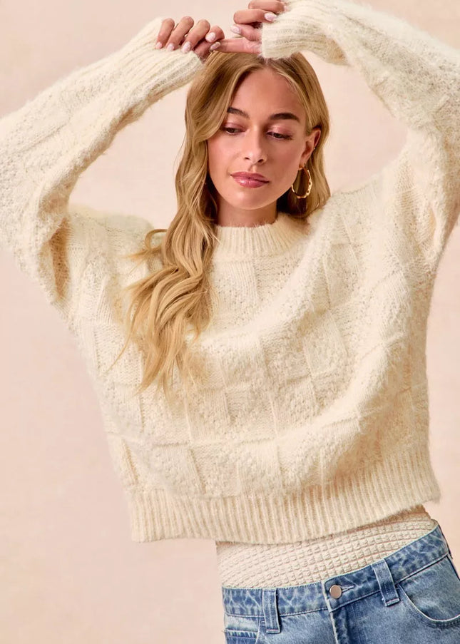 BiBi Checker Board Drop Shoulder Sweater - Sleekdenim.com