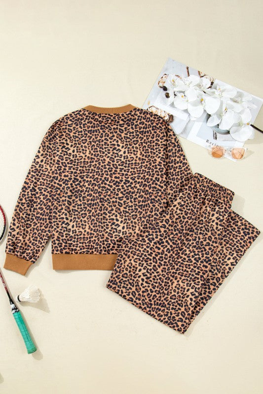 Leopard Bow Embroidered Pullover and Pants Set - Sleekdenim.com