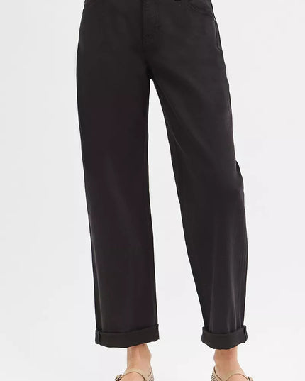 RISEN Tummy Control Mid Rise Ankle Barrel Relaxed Baggy - Sleekdenim.com