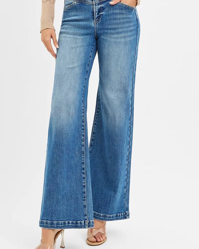 RISEN High Rise Wide Leg Jenas with Front Yoke and Heart Back Pocket - Sleekdenim.com