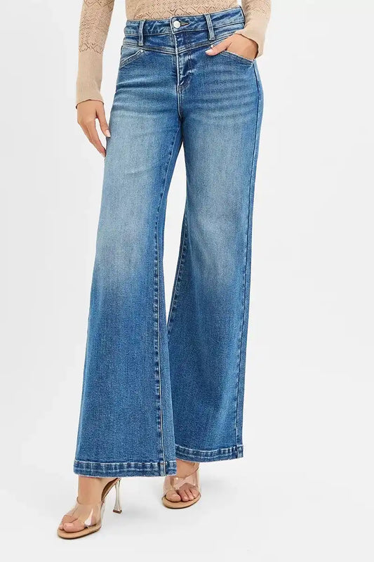 RISEN High Rise Wide Leg Jeans with Front Yoke and Heart Back Pocket PW21353 - Sleekdenim.com