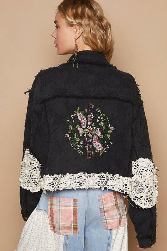 POL Crochet Patch Embroidered Button Up Jacket | Sleekdenim.com