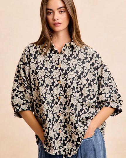 BiBi Floral Jacquard Short Dolman Sleeves Shirt - Sleekdenim.com