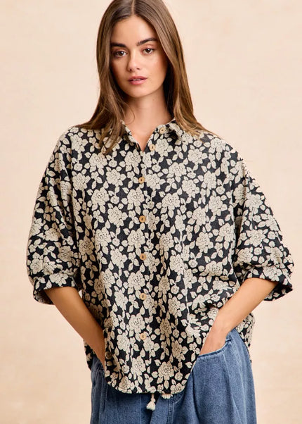 BiBi Floral Jacquard Short Dolman Sleeves Shirt - Sleekdenim.com