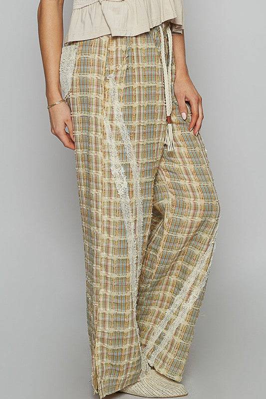 POL Lace Trim Drawstring Checkered Wide Leg Pants | Sleekdenim.com