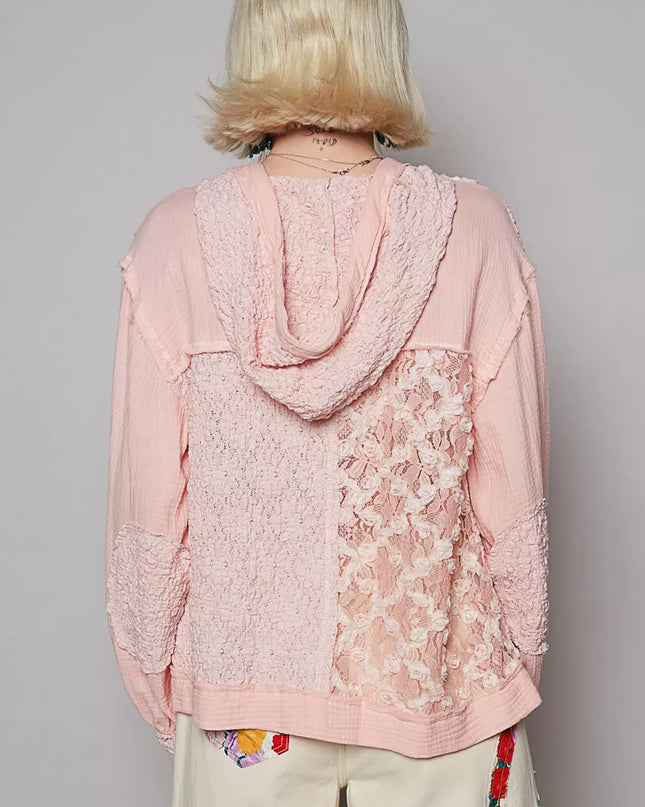 POL Exposed Seam Button Down Hooded Jacket with Lace Detail - Sleekdenim.com