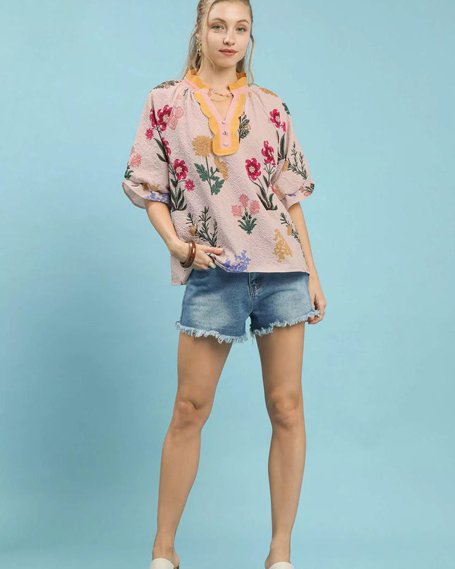Umgee Floral Puff Sleeve Blouse with Scallop Trim Collar - Sleekdenim.com