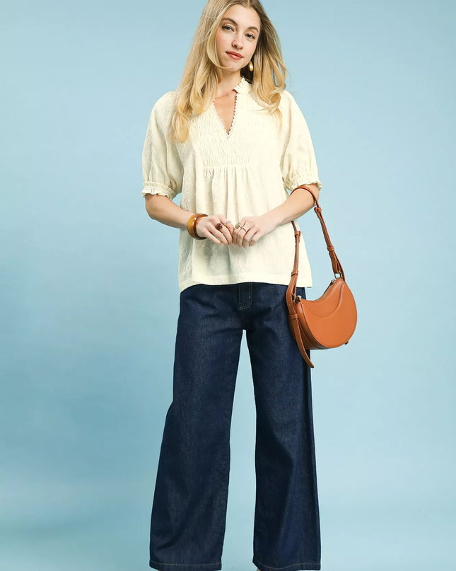 Umgee Textured Smocked Peasant Top - Sleekdenim.com