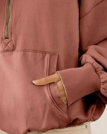 BiBi Stitch Detailed Elastic Hem Half Zip Fleece Hoodie - Sleekdenim.com