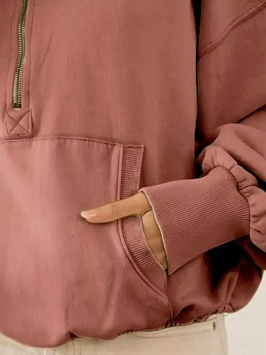 BiBi Stitch Detailed Elastic Hem Half Zip Fleece Hoodie - Sleekdenim.com