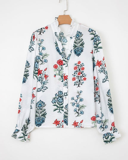Floral Frilled V-Neck Long Sleeve Buttoned Shirt - Sleekdenim.com