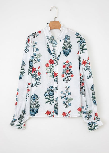 Floral Frilled V-Neck Long Sleeve Buttoned Shirt - Sleekdenim.com