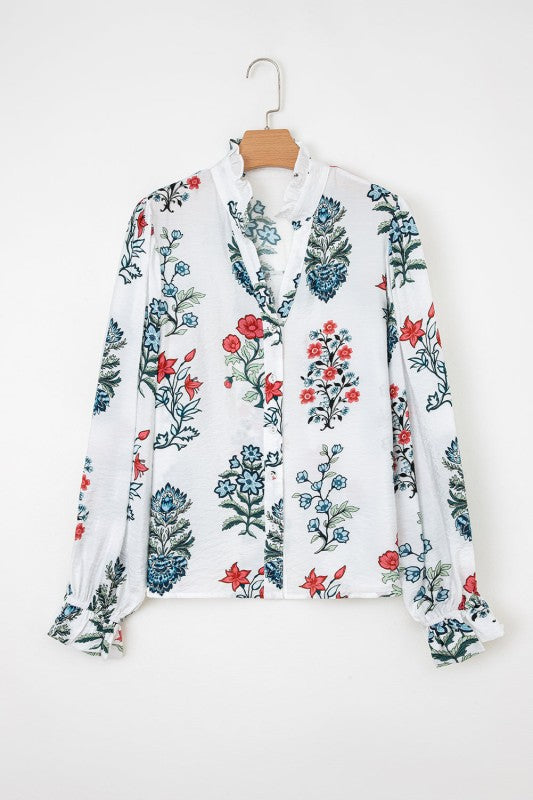 Floral Frilled V-Neck Long Sleeve Buttoned Shirt - Sleekdenim.com