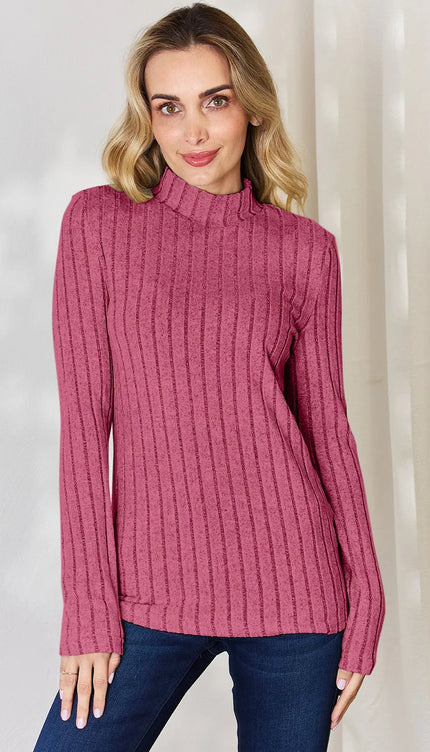 Basic Bae Full Size Ribbed Mock Neck Long Sleeve T-Shirt - Trendsi