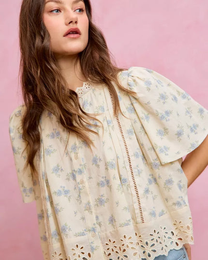 SO ME Floral Print Lace Trim Flutter Sleeves Blouse - Sleekdenim.com