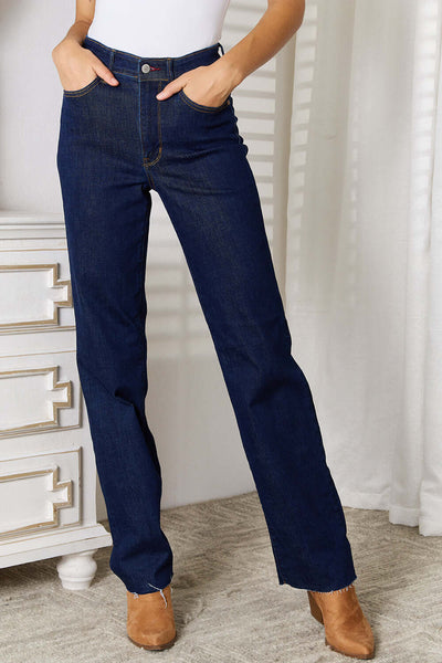 a girl wearing Judy Blue Full Size Raw Hem Straight Leg Jeans with Pockets