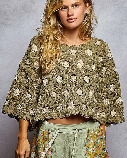 POL Contrast Crochet Cropped Knit Top - Sleekdenim.com