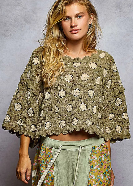 POL Contrast Crochet Cropped Knit Top - Sleekdenim.com