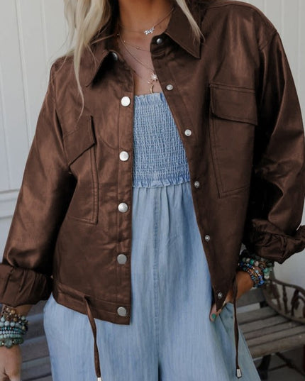 Leather Drawstring Hem Pocketed Jacket - Sleekdenim.com