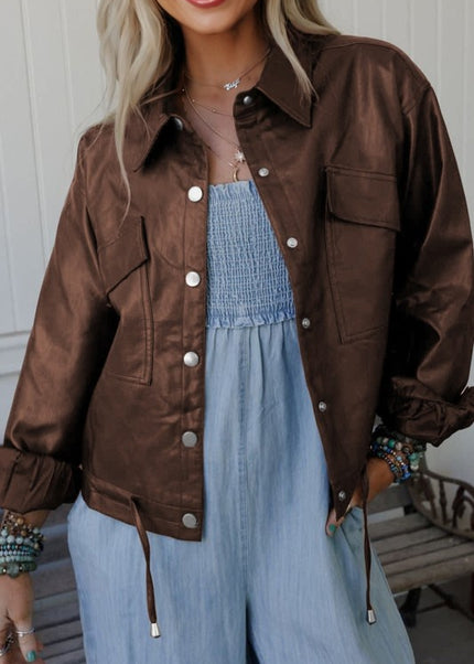 Leather Drawstring Hem Pocketed Jacket - Sleekdenim.com