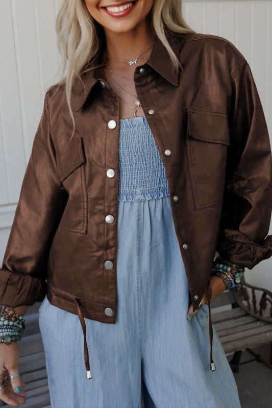 Leather Drawstring Hem Pocketed Jacket - Sleekdenim.com