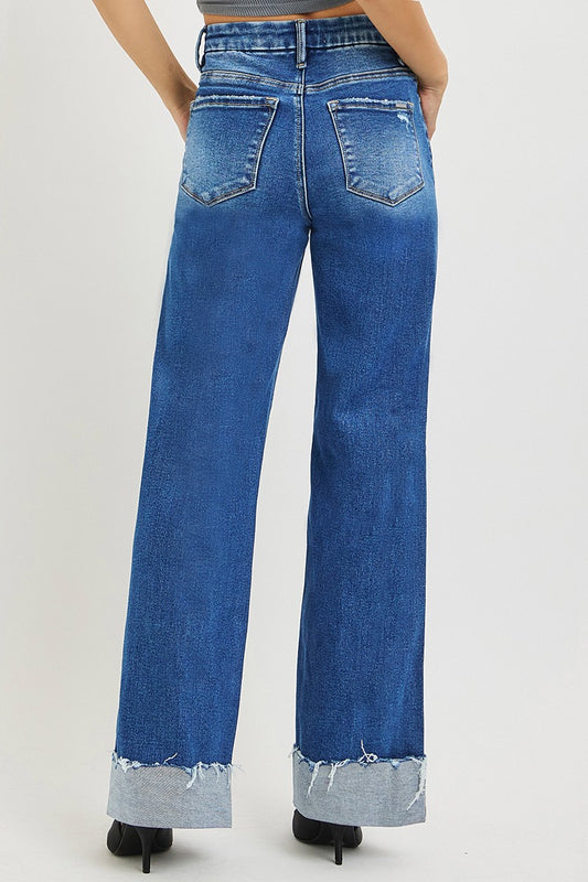 RISEN High Rise Wide Leg Jeans With Cuffed Hem - Sleekdenim.com