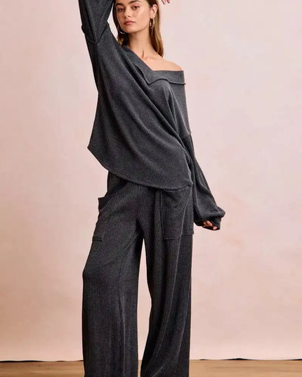 BiBi Two Tone Cord Rib Contrast Stitching V-Neck Top and Pants Set - Sleekdenim.com