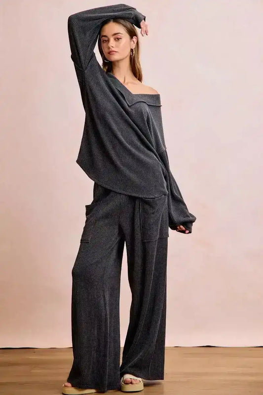 BiBi Two Tone Cord Rib Contrast Stitching V-Neck Top and Pants Set - So Soft & Silky - Sleekdenim.com