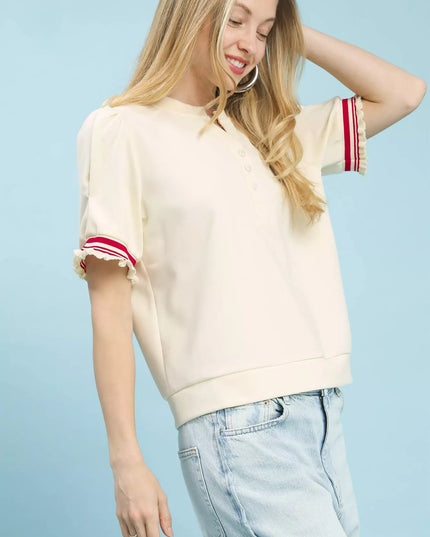 Umgee Puff Sleeve Button Front Top with Contrast Trim - Sleekdenim.com