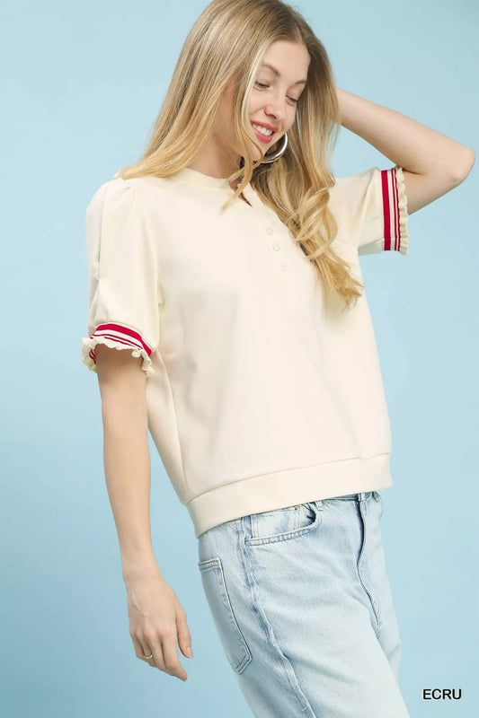 Umgee Puff Sleeve Button Front Top with Contrast Trim - Sleekdenim.com