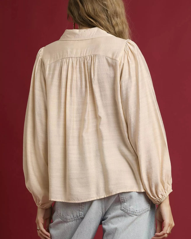 Umgee Long Sleeve Blouse with Leopard Print Trim - Sleekdenim.com