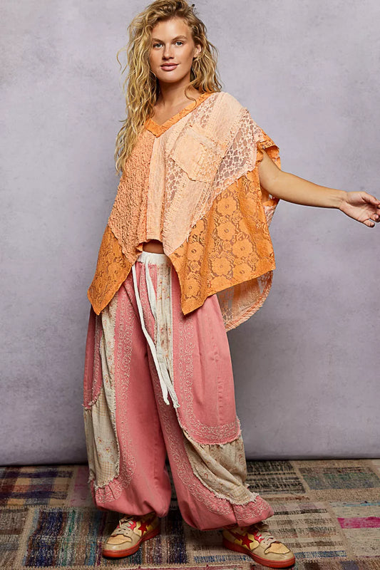 POL Asymmetrical V-Neck Short Sleeve Lace Top - Sleekdenim.com