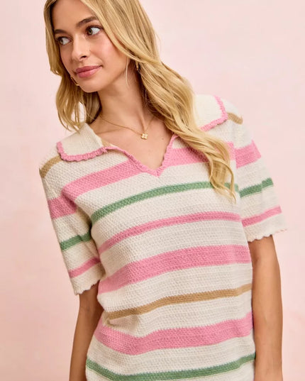 BiBi Multi Colors Stripes Collared Knit Top - Sleekdenim.com